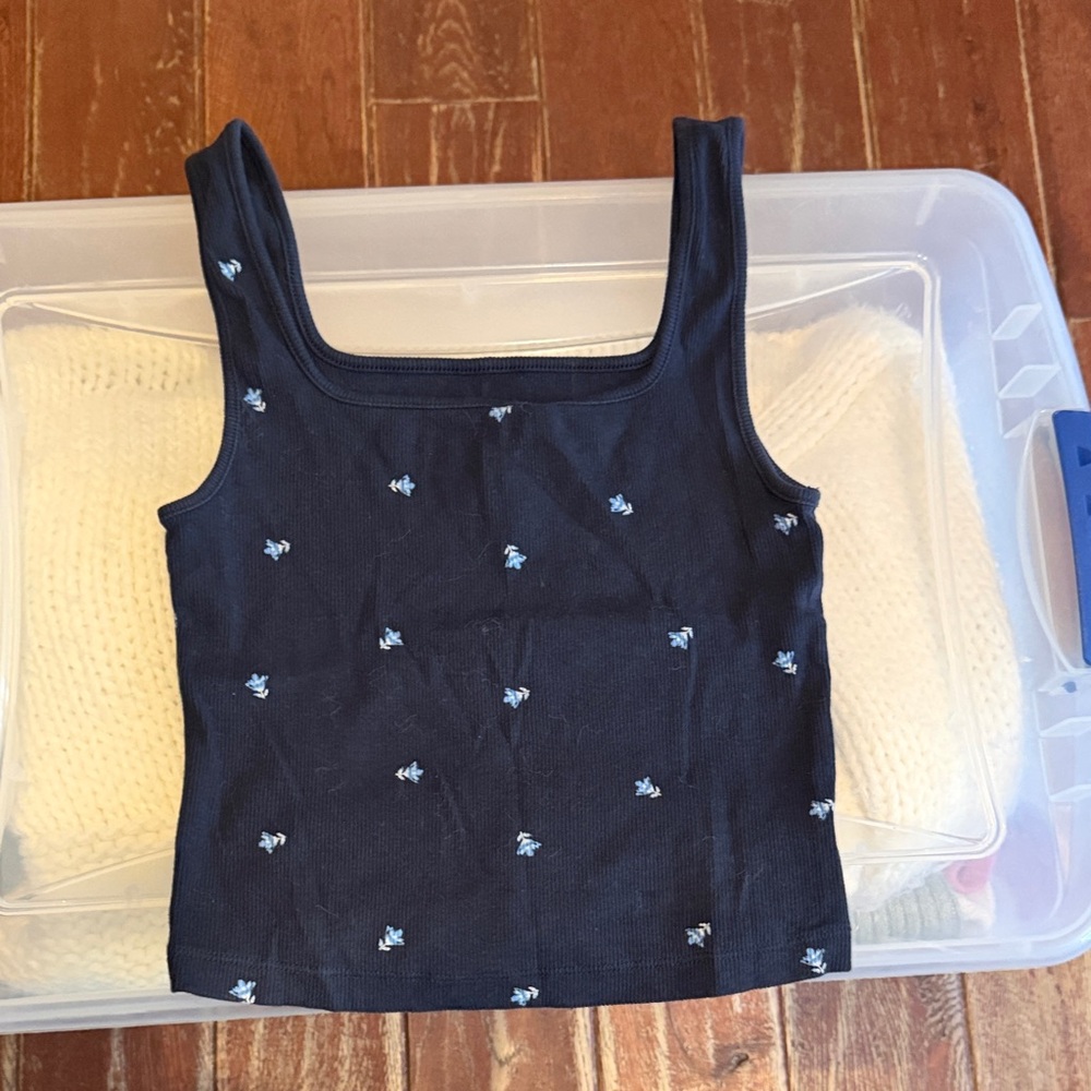 Old Navy Navy Tank Top with Tiny Floral Embroidery